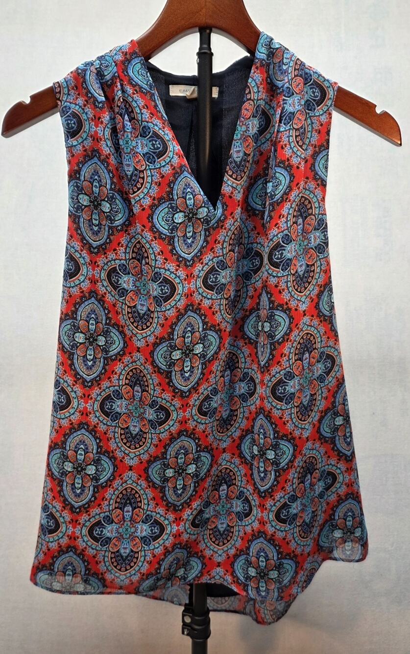 41 Hawthorn Stitch Fix Red Blue Bohemian Paisley Print Sleeveless V-Neck Top S‎